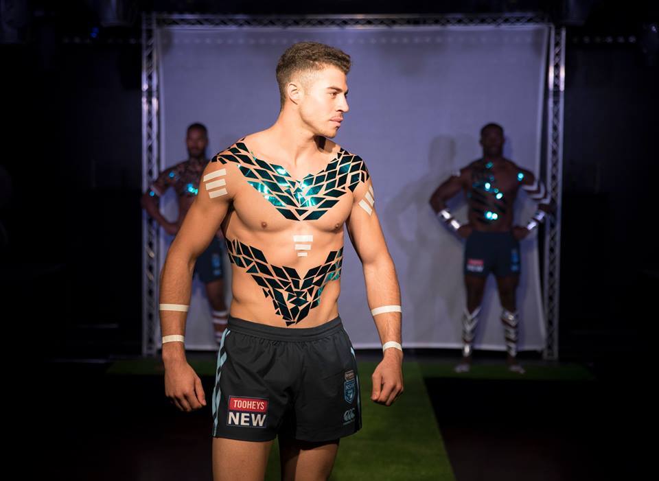 NSW Blues Jersey Reveal - Duct Tape Design - Human Statue Bodyart